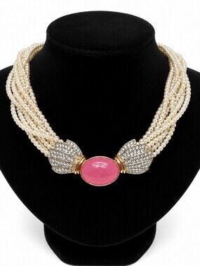 Butler Pink Cabochon & Faux Pearl Statement Necklace Rhinestone Leaf Design